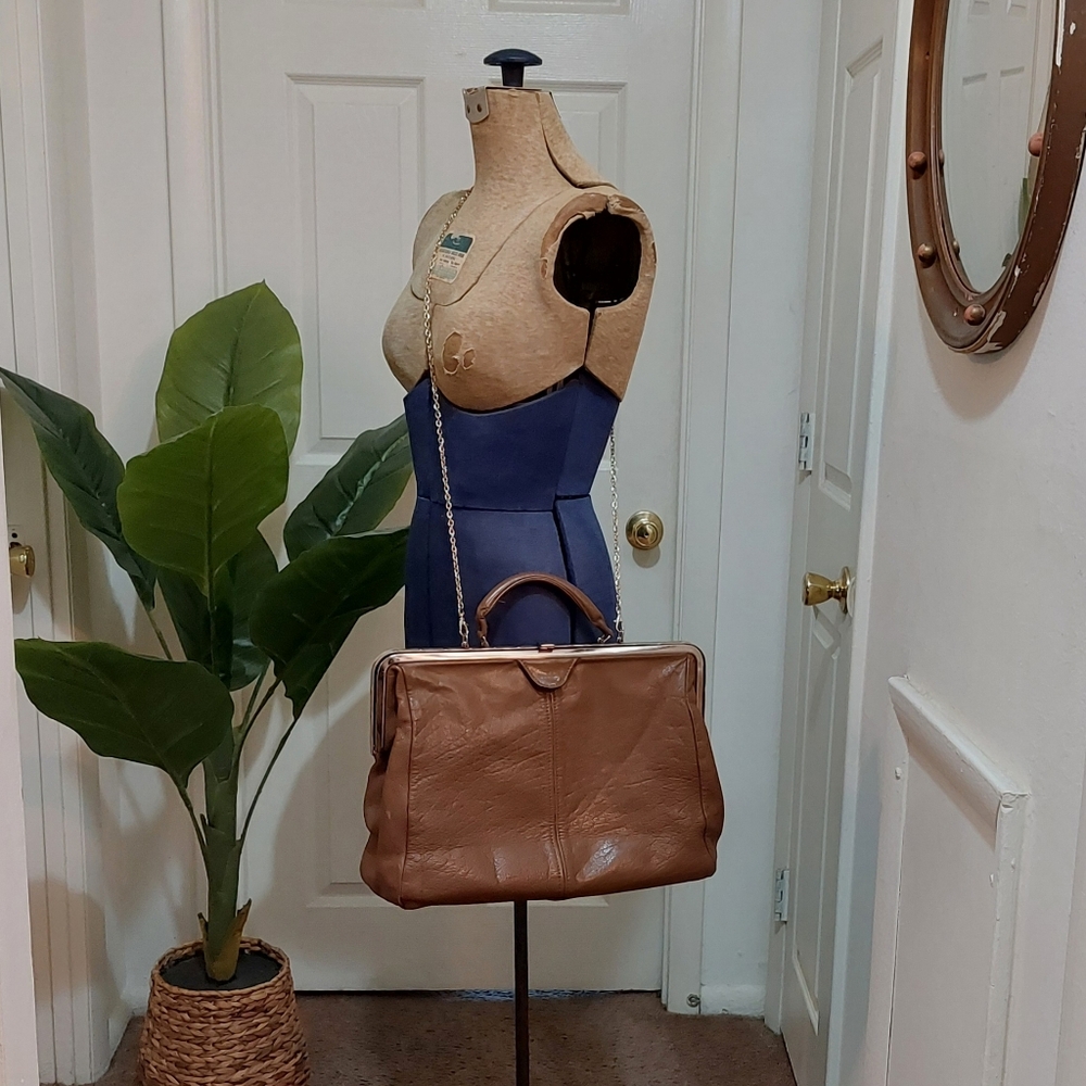 Vintage Large Brown Leather Doctor Satchel with Top Handle & Chain Strap